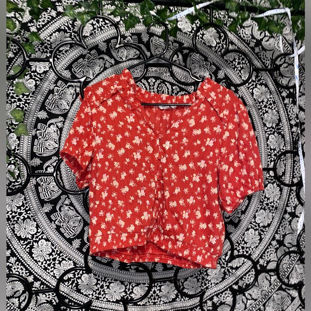Red floral American Eagle women’s cropped button up blouse